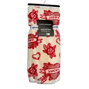 NWT Lucky Brand Tattoo Print Red Cream Plush Throw Blanket Valentine’s Day